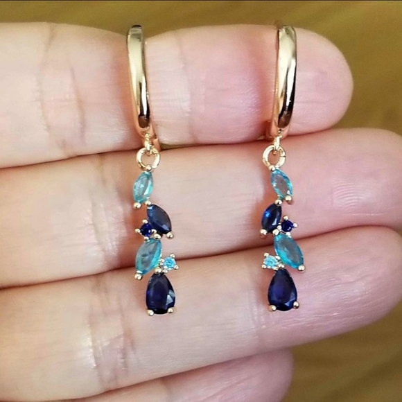 Jewelry - New 14K Gold Plated Blue Sapphire Aquamarine Dangle Drop Hoop Earrings for Women